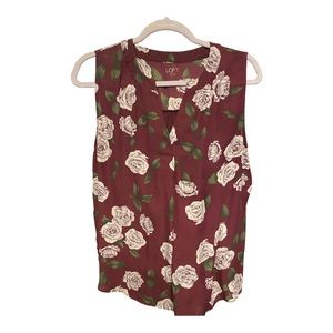 Loft Floral Ruffle Split Neck Sleeveless Blouse Size Large